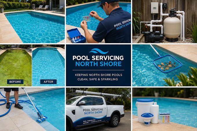 PS Pool Servicing North Shore — collage of pool cleaning, testing, equipment, before and after, and service van